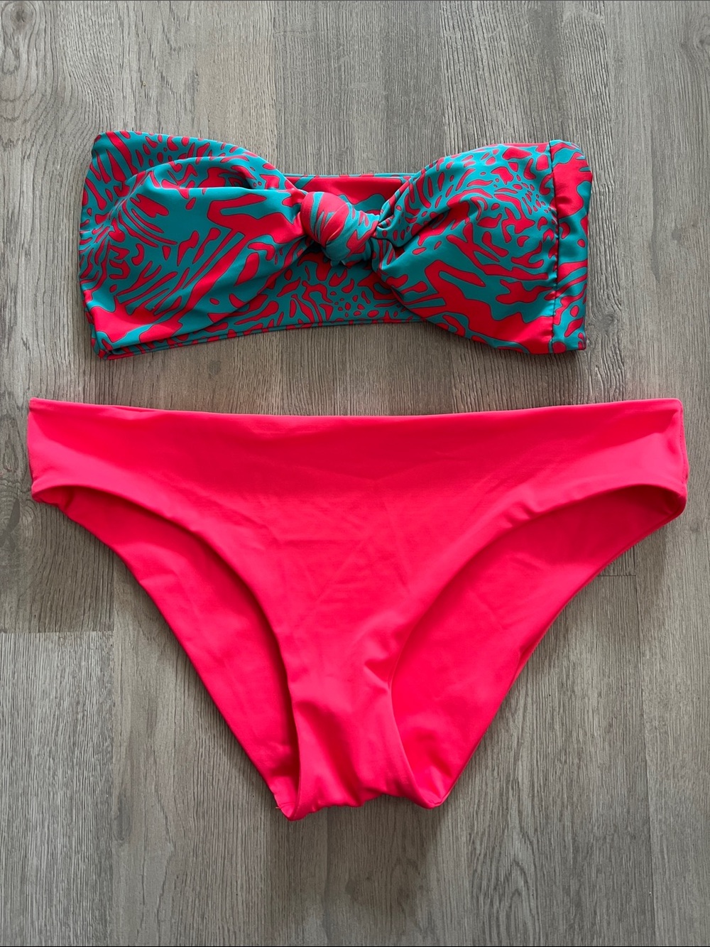 Two-Piece Bikini Bandeau Swim Set in Hot Coral Pink and Teal